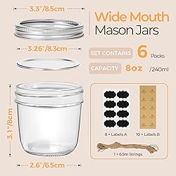 ComSaf Wide Mouth 8 oz Mason Jars with Lids, 6 Pcs