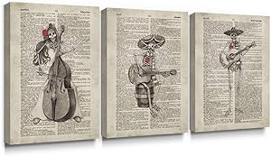 SUMGAR Canvas Wall Art Bedroom Day of The Dead Mexican Skull Decor Paintings Music Pictures Vintage Dictionary Prints Artwork 3 Piece,12x16 inch