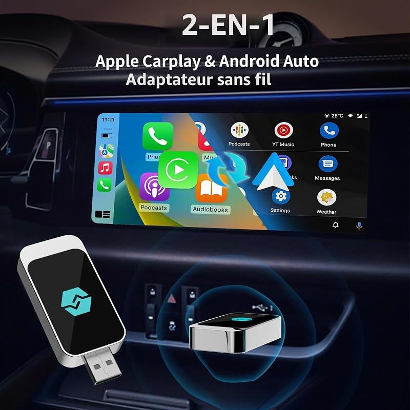 Adaptateur CarPlay sans fil et Android Auto Plug and Play, Type-C et USB pour iOS 10+/Android 11 — photo 2 sur 8