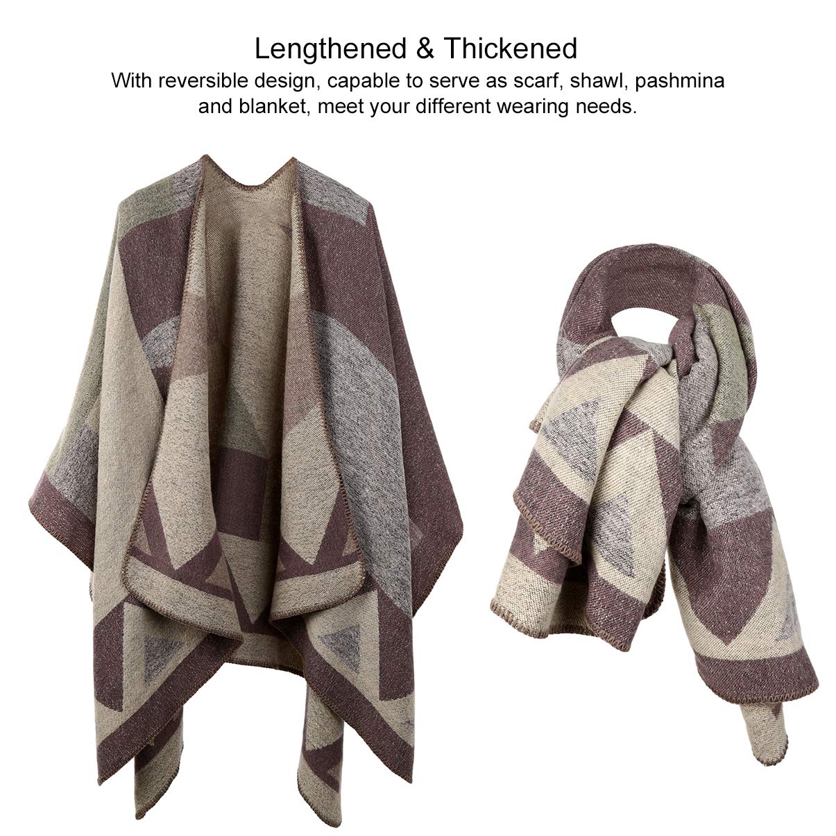 Vbiger Damen Poncho Schal Wrap Farbblock Open Front Cape Übergroße Winterdecke Reversible Schal Dicke Cardigan Coat, Khaki