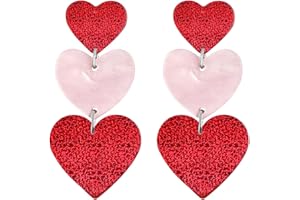 MALOYANVE Heart Earrings for Women Unique Acrylic Lightweight Sparkling Hot Pink Dangle Heart Earrings Three Pink Heart Earrings Red Heart Earrings Cute Love Dangling Heart Earrings