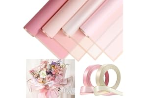 Tenare 20 Pcs Translucent Gold Edge Waterproof Floral Wrapping Paper Sheets Frosted Bouquet Packaging Paper and Double Face Satin Ribbon for Engagement Wedding DIY Crafts Gift (Delicate Color)