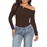 Women Off Shoulder Long Sleeve Boat Neck T Shirt Slim Fit Fall Winter Ruched Stretch Layer Blouse Tops