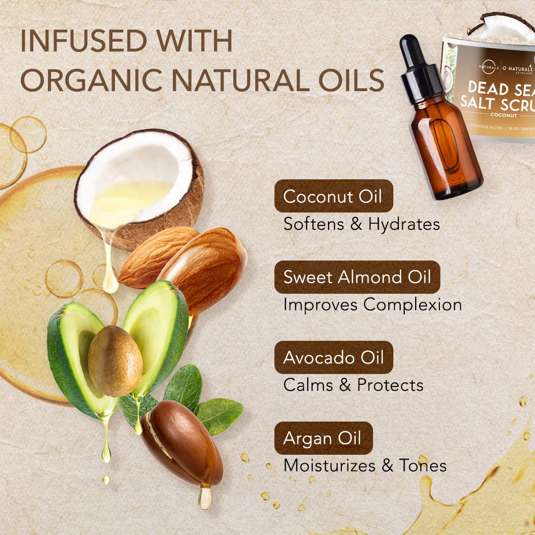 O NATURALS Exfoliating Coconut Oil Dead Sea Salt Deep-Cleansing Face & Body Scrub. Anti-Cellulite Tones Helps Oily Skin, Acne, Ingrown Hairs & Dead Skin Remover. Essential Oils, Sweet Almond 18oz