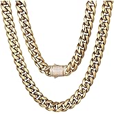 Luxfine 10/12mm Miami Cuban Link Chain 14K REAL Gold Plated Premium Stainless Steel Necklace Hypoallergenic Hip Hop Jewelry for Men Women Christmas Father Day Birthday Gift (Double-sided Iced Out Clasp, with Box & Pouch)