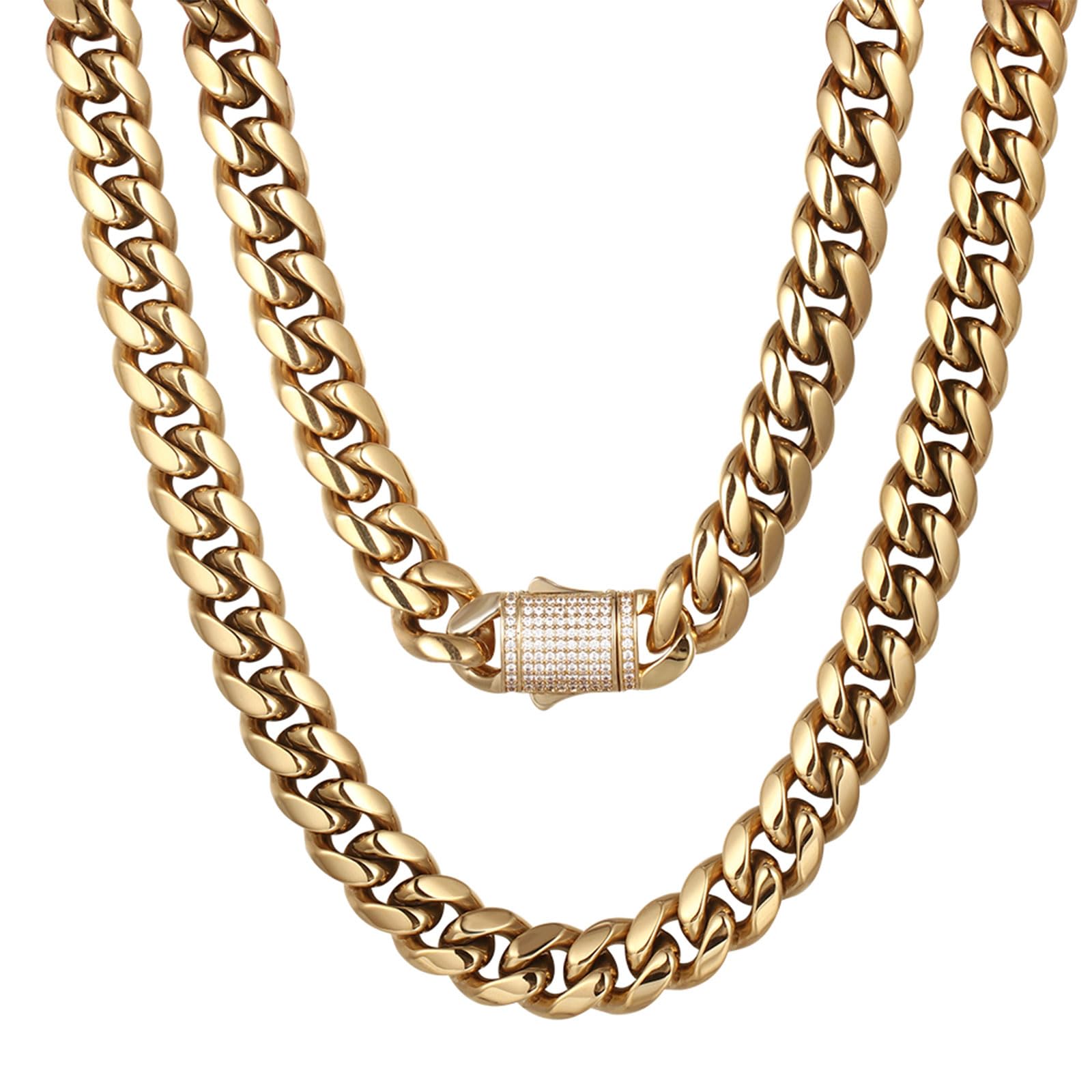 Luxfine 10/12mm Miami Cuban Link Chain 14K REAL Gold Plated Premium Stainless Steel Necklace Hypoallergenic Hip Hop Jewelry for Men Women Christmas Father Day Birthday Gift (Double-sided Iced Out