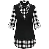 MOQIVG Womens Long Sleeve Contrast Collar Shirts Trendy Casual Plaid Patchwork Tunic Tops