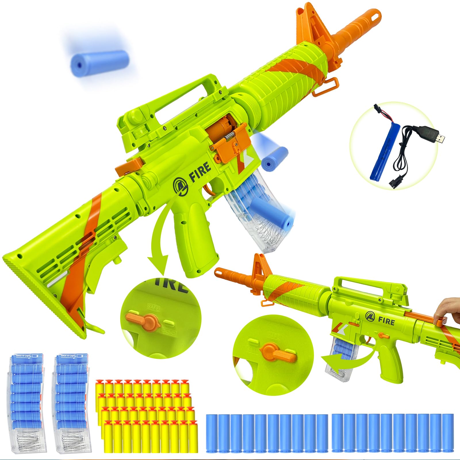 ZONZTER Shell Ejecting Toy Gun, Classic M16 Automatic Blasters, Electric Foam Blaster Rifle, 2 Modes Auto-Manual, 40 Darts 20 Bullet Cases 2 Magazines, Birthday Gift for 8+ Years Boy Girl - Green