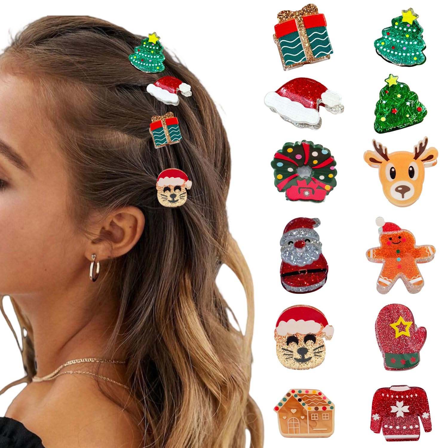 Photo 1 of 12 Pcs Christmas Hair Claw Clips Santa?Claus?Xmas Tree?House?Elk and Hat Design Small Claw Clips Strong Hold Jaw Clip Mini Hair Clips for Women Girls Hair Accessories