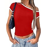LEEDYA Off The Shoulder Tops for Women Summer Short Sleeve Basic Slim Fit Crop Top Sexy Y2K Going Out T Shirts