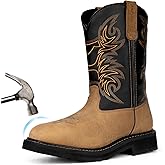 Hunthor Men's Cowboy Work Boots, Square Steel Toe EVA Mid-Sole with GoodyearWelt Leather Anti Slip Western Men's Brown Boots for Manufacturing, Construction, Farming, Size 7-14