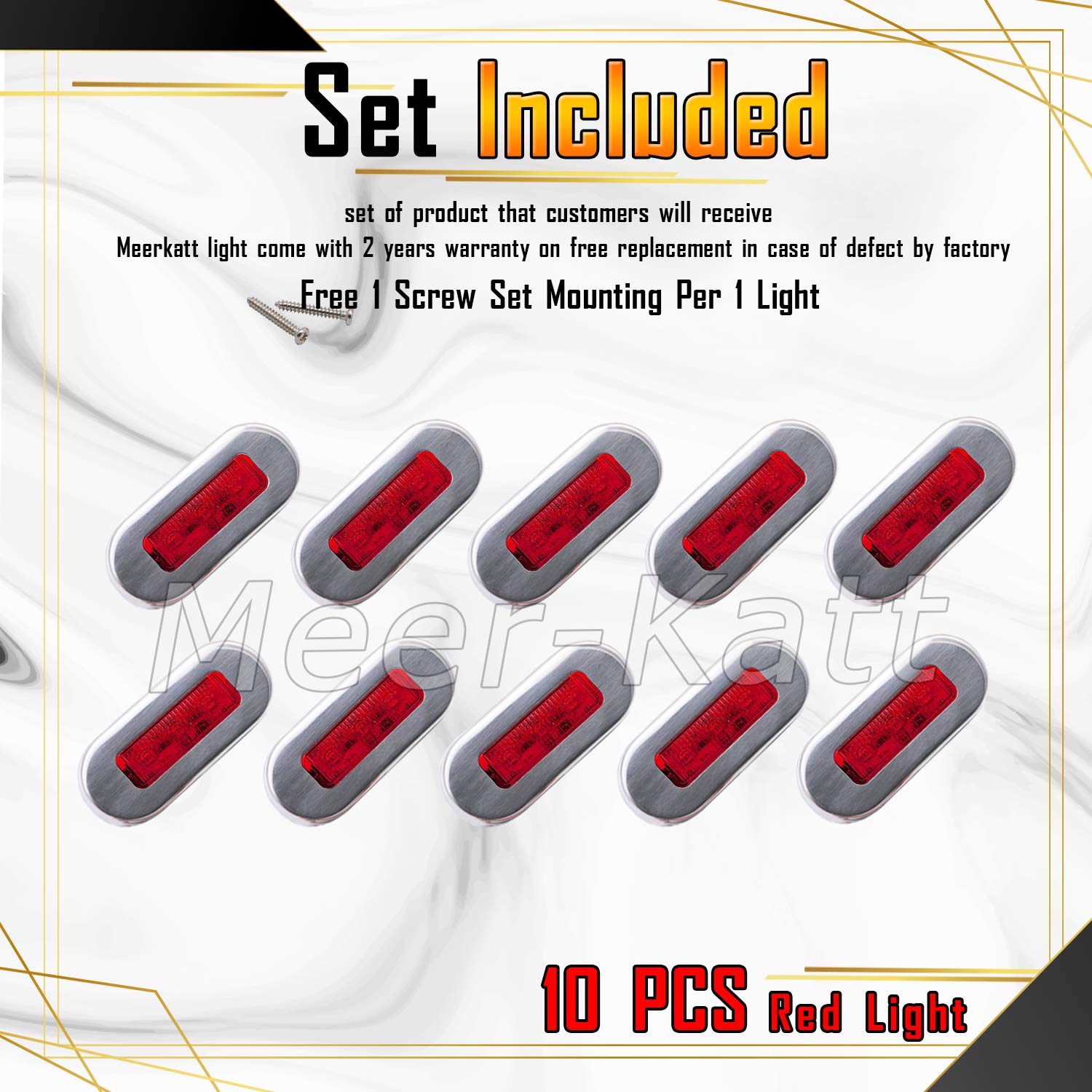 Meerkatt (Pack of 10) 3 Inch Oblong Amber LED Marine Courtesy Light Sealed Flush Mount Clearance Lamp for Yacht Stair Deck Garden Boat RV Cabin Truck Waterproof 12V DC with Chrome Stainless Bezel UV12