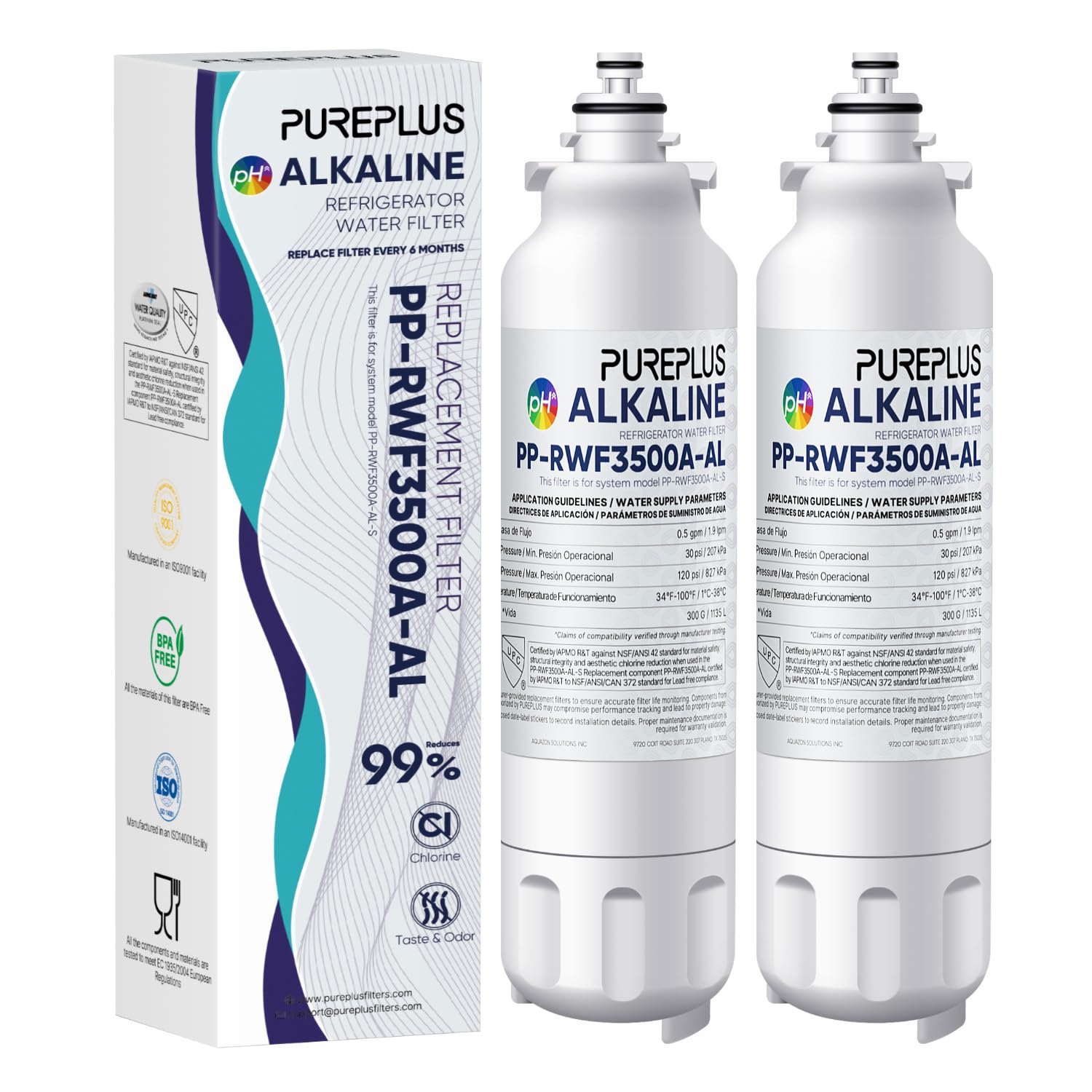 PUREPLUS Alkaline Replacement for ADQ73613401, LG® LT800P®, LT800PC, ADQ736134, ADQ73613402, LSXS26326S, LSXS26366S, LSXS26366D, 46-9490, Refrigerator Water Filter and LT120F® Air Filter, 2Pack Image
