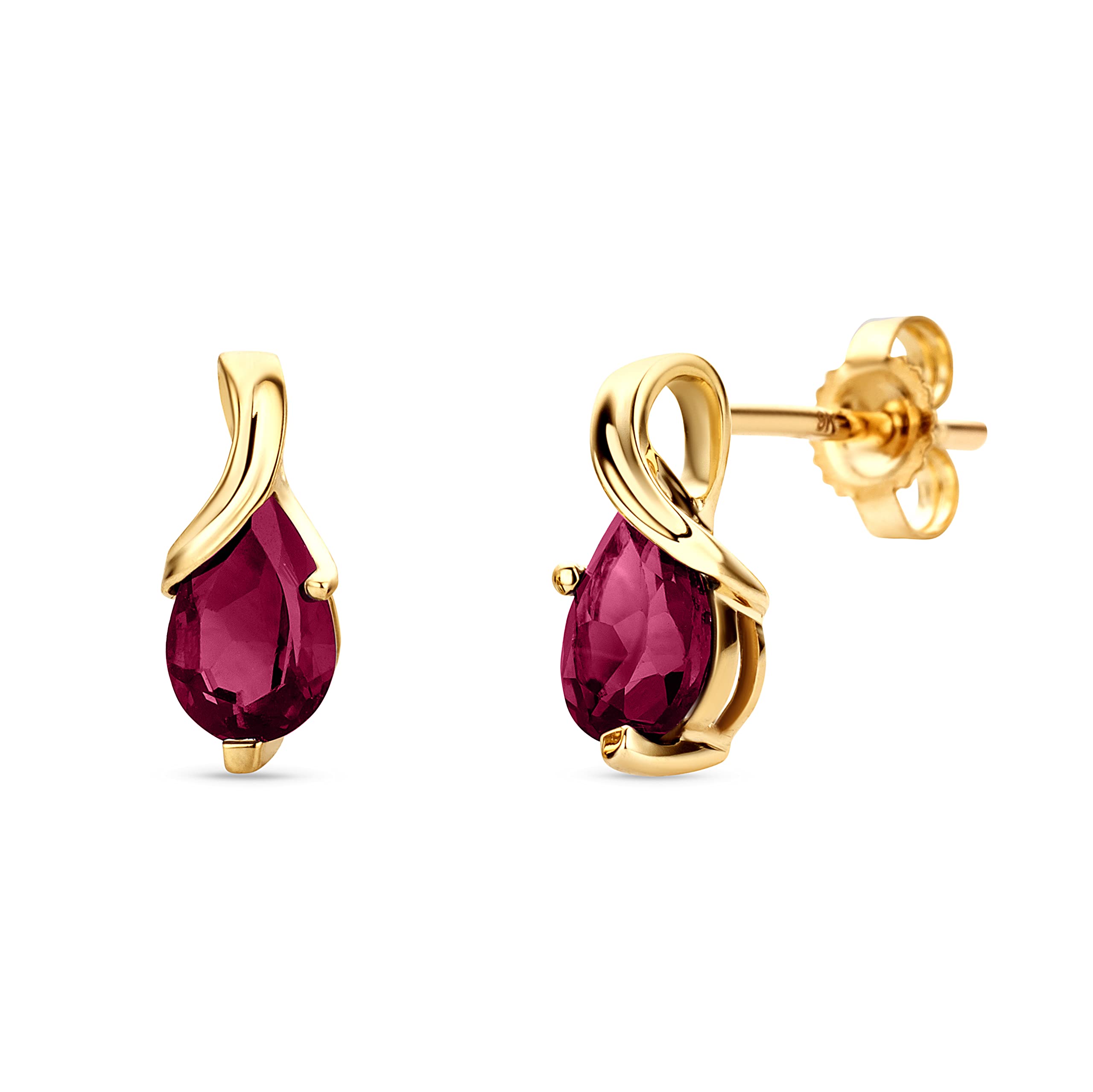 Orovi Pear-Shaped Yellow Gold Earrings for Women with Rubies in 9 Carat Gold, Hypoallergenic Earrings - Handmade, including jewellery box