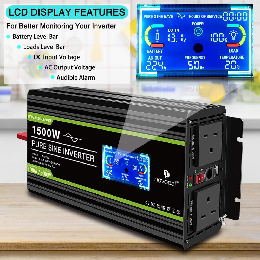 NOVOPAL 1500W Pure Sine Wave Inverter 24V to 230V 240V Car Power Converter with LCD Display - Image 5