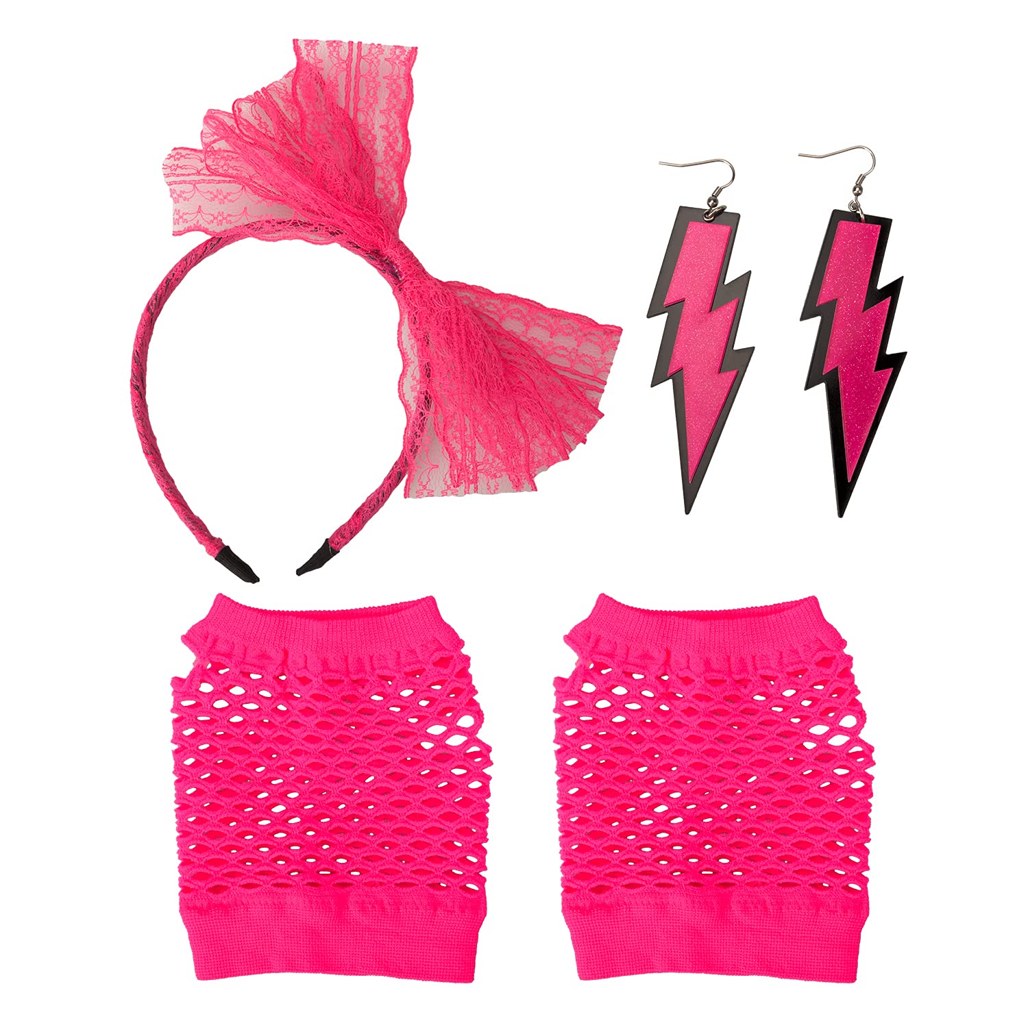 Parieo 3 Pieces 80s Fancy Dress Costume Accessories Retro Lace Headband Neon Earrings Fingerless Fishnet Gloves (Rose Red)