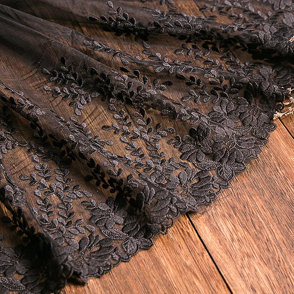 Duories 1 Yard Vintage Embroidered Lace Trim Decorative Ribbon Lace Fabric for Sewing Bridal Veils Petticoats Wedding Dress Wedding Decoration, 32 cm Width, Black