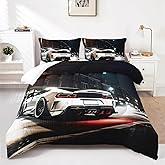 Nttopship Sports Car Comforter Set Full Size,100% Soft Ultra-fine Fiber Four Season White Racing Car Comforter Set with 1 Comforter and 2 Pillow Case