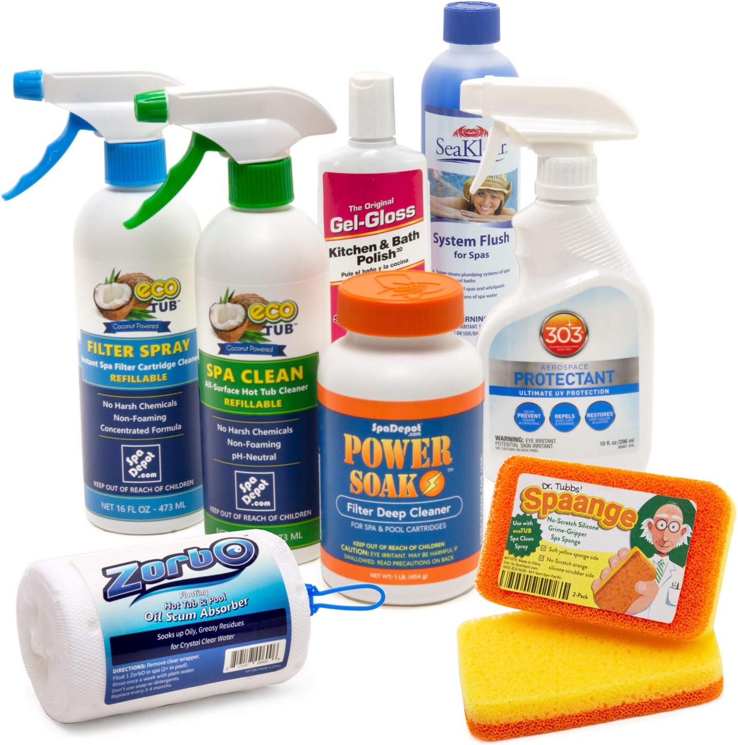 Hot Tub Spa Cleaning Supplies Kit: Shell Wax, Spa Cover Protectant, Spa & Pool Filter Cleaner, Pillow & Cabinet Cleaner, Polish Applicator Pad, Spa System Flush, ZorbO