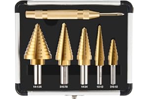 CO-Z ZELCAN HSS 5PCS Titanium Step Drill Bit Set with Automatic Center Punch for Sheet Metal with Aluminum Case, 50 Sizes in 5 High Speed Multiple Hole Stepped Up Steel Bits for DIY Lovers