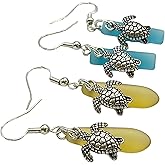 Seaglass with Turtle Dangle Earrings - Valentines Day Gifts for Women - Blue Drop Earrings