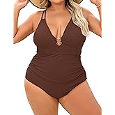 Curvagile Women's One Piece Swimsuit Plus Size Tummy Control V Neck Swim Romper Bathing Suit Double Straps Backless Swimwear