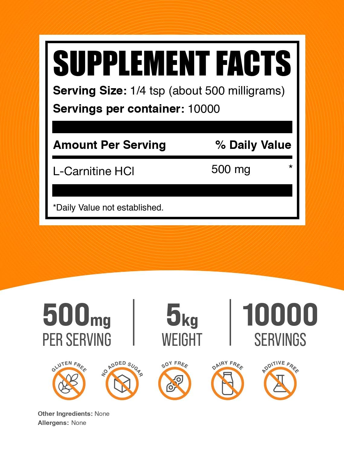 BulkSupplements.com L-Carnitine HCl Powder - Carnitine Supplement, Carnitine Powder, L-Carnitine 500mg - Unflavored & Gluten Free, 500mg per Serving, 5kg (11 lbs) (Pack of 5)