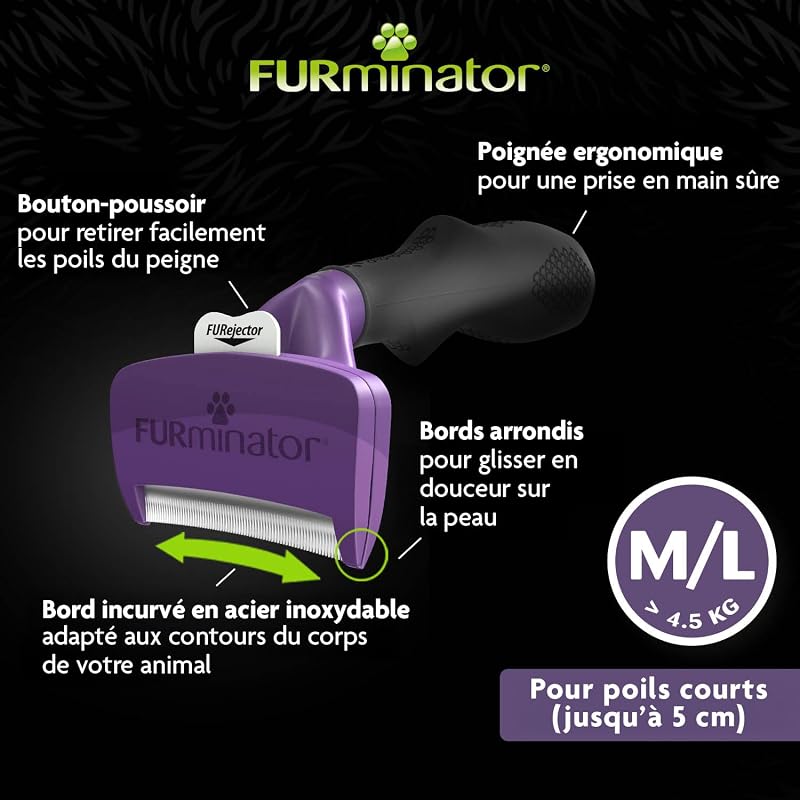 Outil de Toilettage pour Chat à Poils Courts de moyenne à grande Taille – Brosse anti-mue M/L à manche ergonomique - Elimine 90% des poils morts - Nettoyage en 1 clic - Emballage recyclable