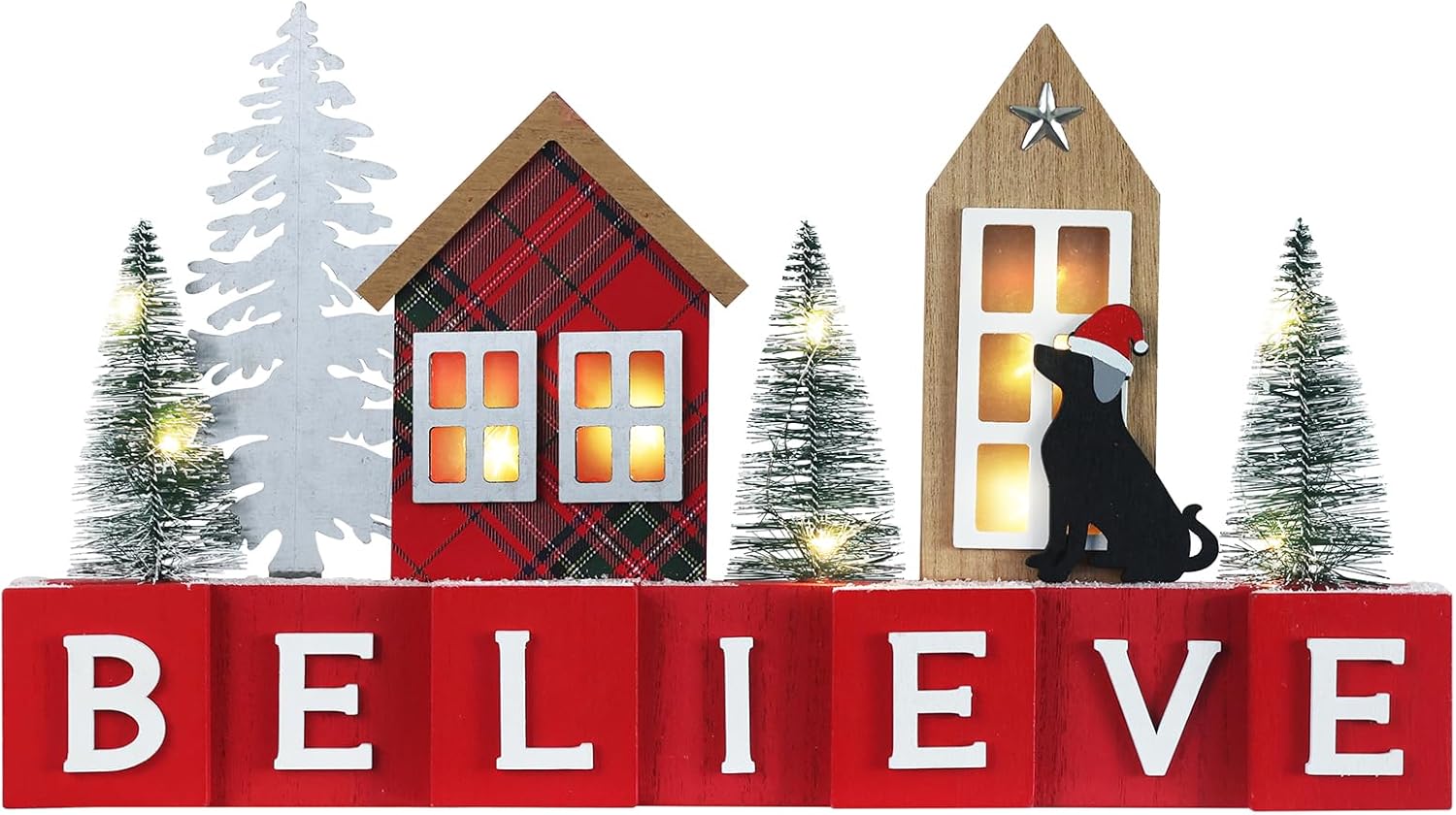 Trees - DECSPAS Christmas Decorations Indoor, Wood House Block with Faux Tree Metal Tree Christmas Decor with LED Lights, Red Wood Block Believe Sign Christmas Centerpieces for Tables, Home, Mantel