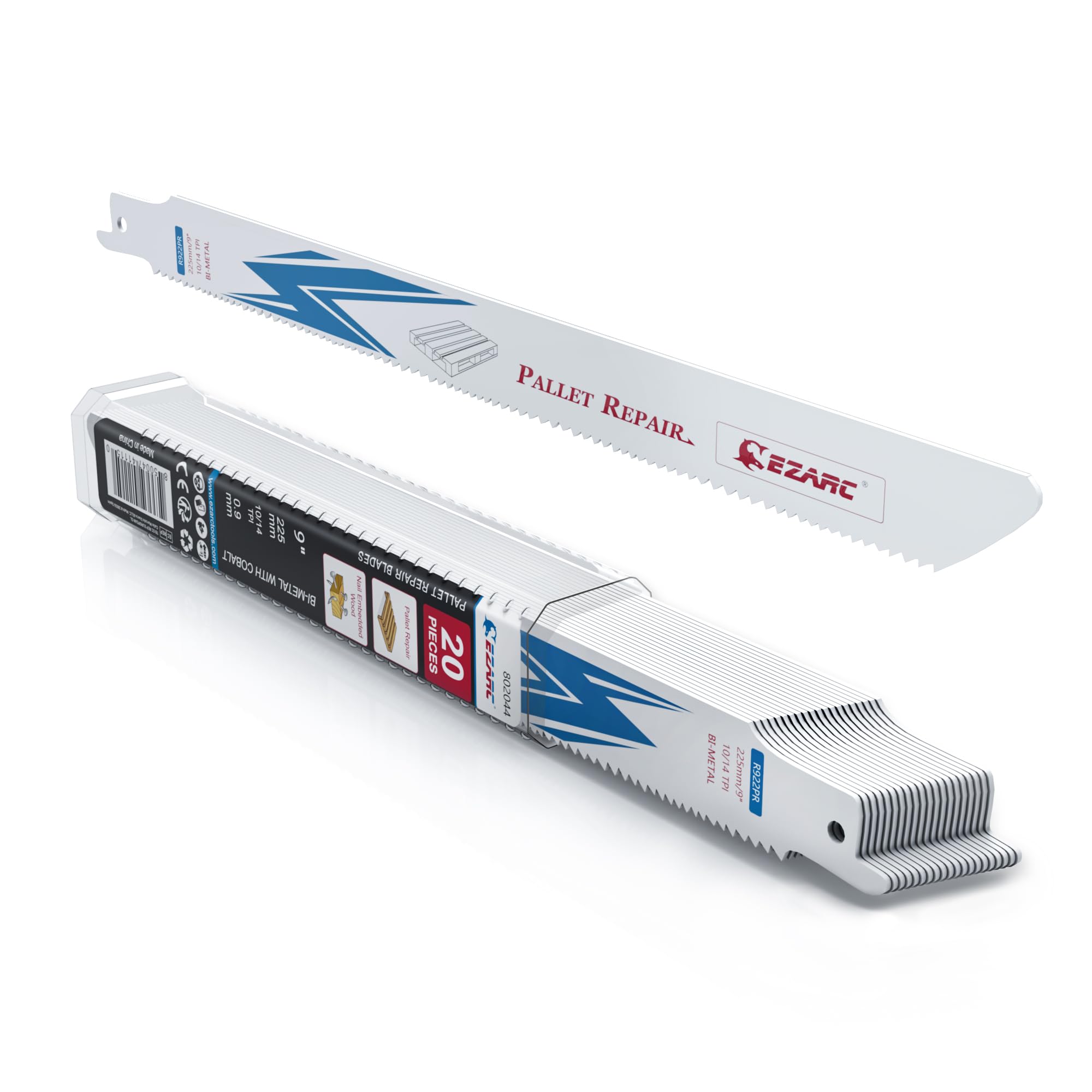 EZARC Reciprocating Saw Blade Special for Pallet Repair, 9-Inch Bi-Metal Reciprocating Blades Set 10+14TPI for Nail Embedded Wood (20-Pack)