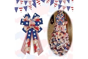 Hying Large 4th of July Bows for Wreath, Patriotic Wreath Bows Red Blue Natural Burlap Bows American Flags Bow Stars Stripes Farmhouse Craft Bows for Front Door Memorial Day Patriotic Decorations