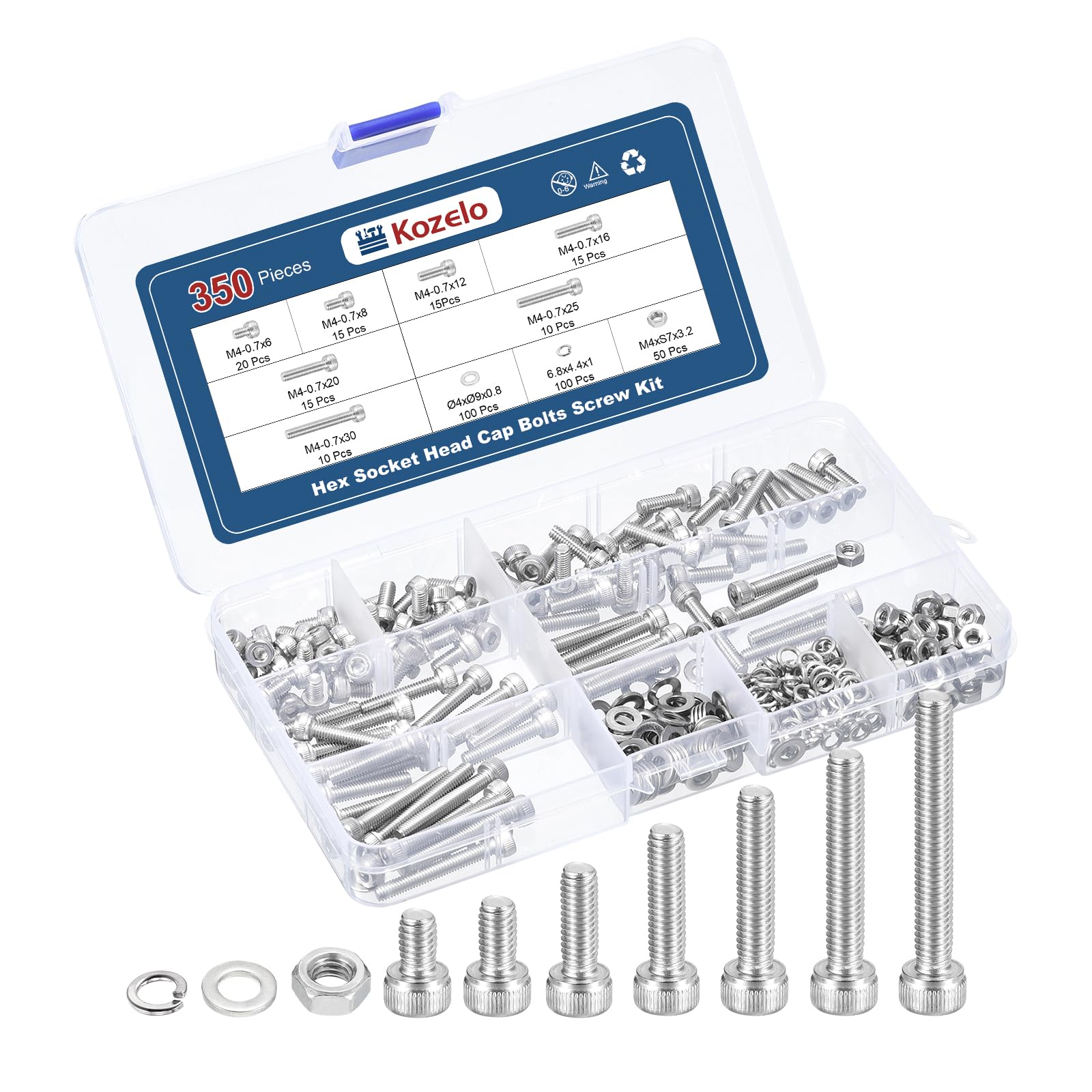 Kozelo 350pcs M4 Socket Head Cap Screws Bolts Nuts Assortment Kit - [M4x6/8/12/16/20/25/30mm] 304 Stainless Steel Allen Socket Drive for 3D Printer
