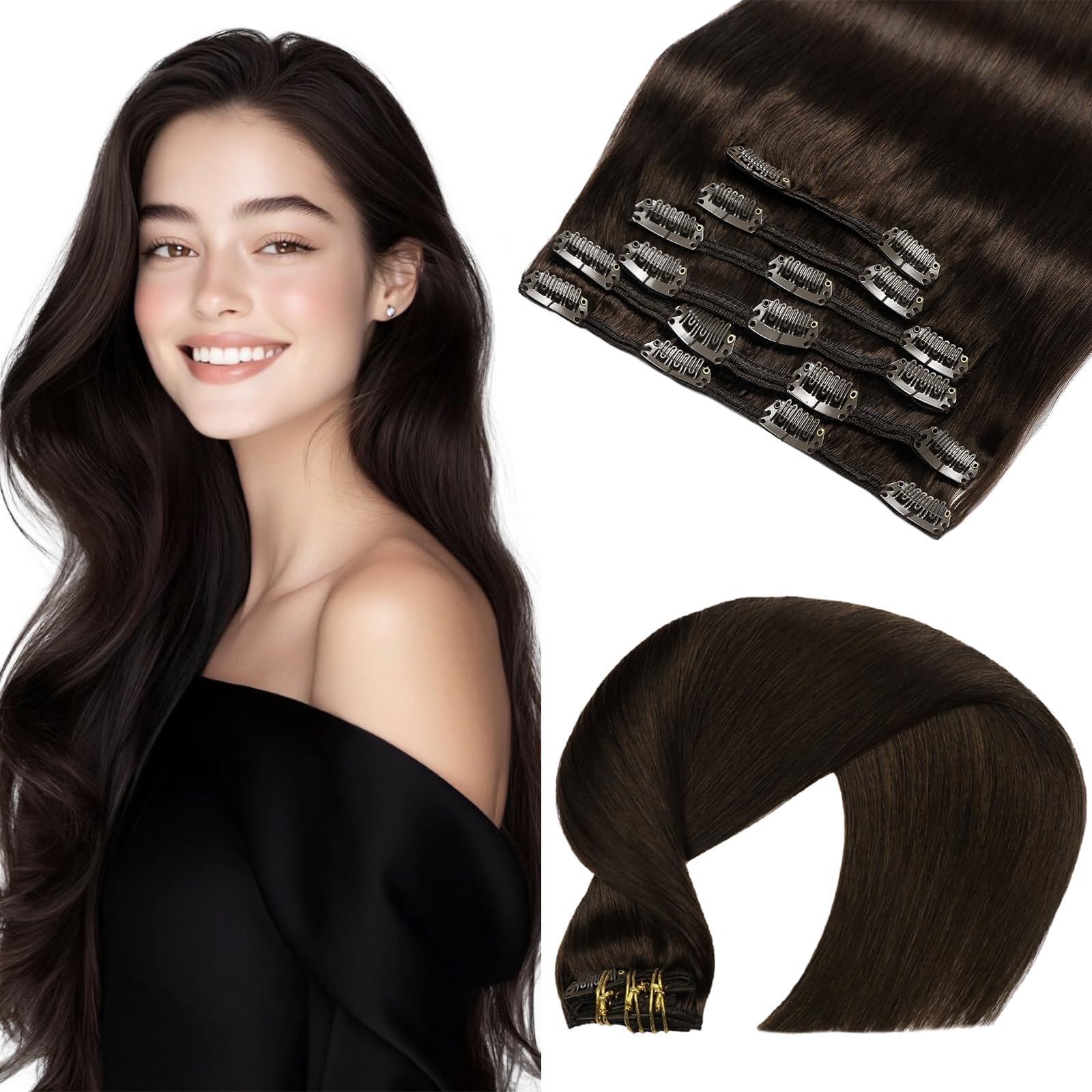VINBAO Clip in Hair Extensions Real Human Hair Dark Brown Hair Extensions Clip ins Brown 14 Inch 100g Hair Extension for Women Silky Straight Invisible Human Hair Clip in Extensions 6pcs (#C2, 14'') โ image 1