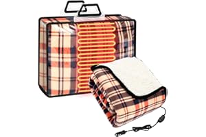 Tuanse 58 x 43 Inches Car Electric Blanket 12 Volt Heated Car Blanket with Temperature Controller and Transparent Storage Bag Cold Weather Tailgating and Emergency Kit(Blue Yellow,Stripe)