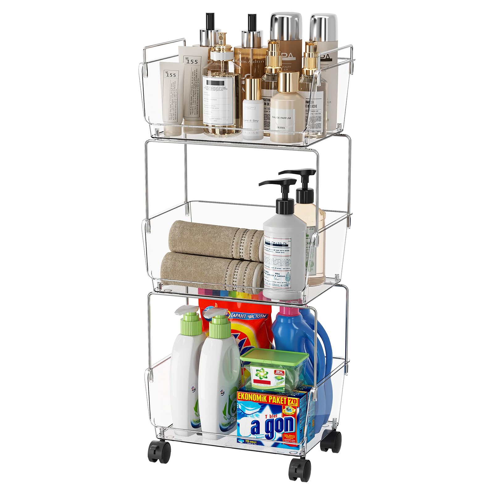 Photo 1 of Delamu 3 Tier Rolling Cart for Kitchen, Bathroom, Office – Acrylic Utility Storage Carts with 2 Lockable Wheels – Ideal for Small Spaces, Pantry, Classroom, Makeup Organizer, Dorm Storage, Clear