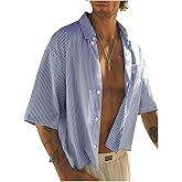 GORGLITTER Men's Striped Cropped T Shirt Button Down Up Y2k Short Sleeve Collar Oversized Tops