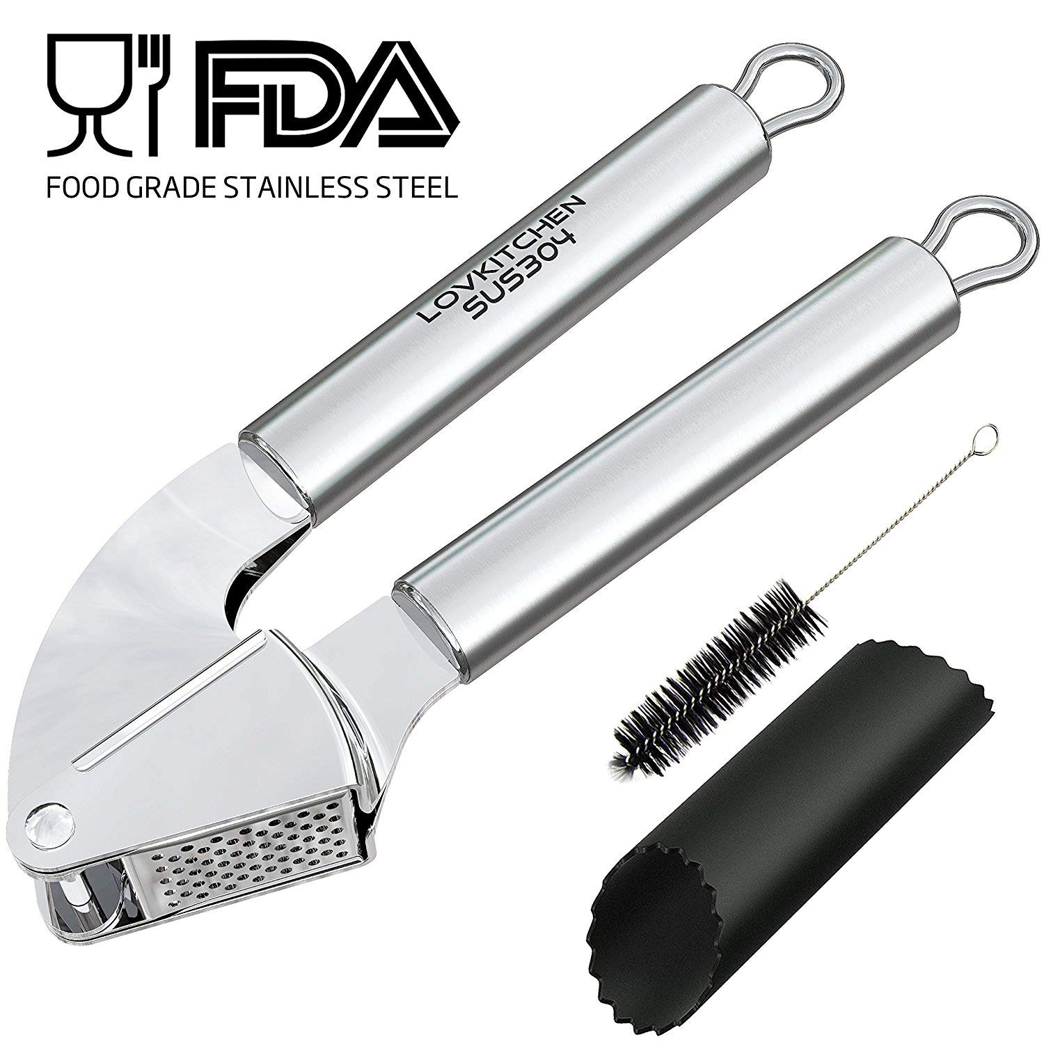 Garlic Press,LOVKITCHEN Garlic Press and Peeler Set.Durable Stainless Steel Mincer and Silicone Tube Roller