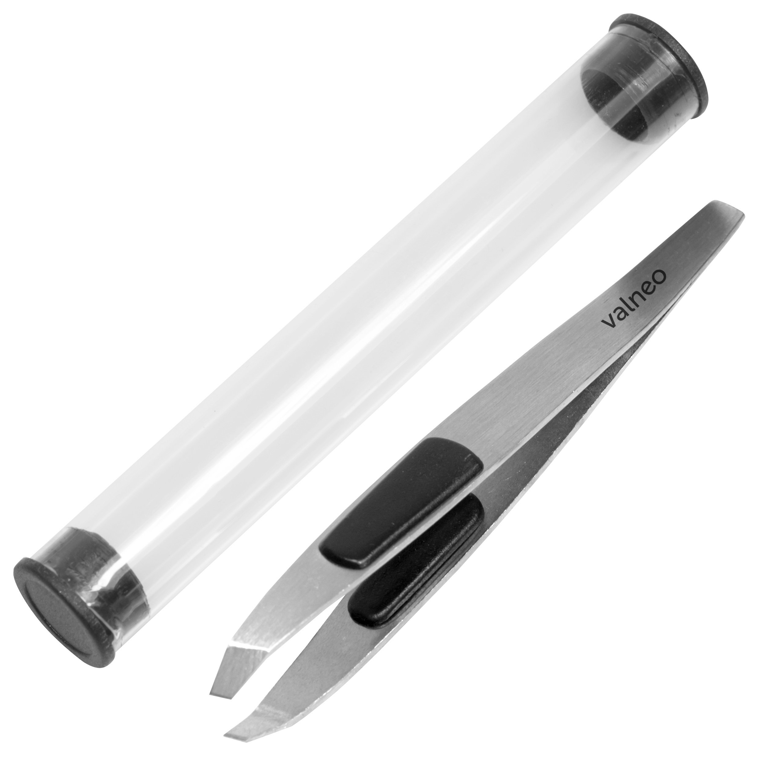 VALNEO Edelstahl Pinzette mit Ergonomie-Fingerauflage, Aufbewahrungsetui und präziser Spitze | 2 Jahre Zufriedenheitsgarantie | Haarentfernung, Augenbrauenpinzette Set