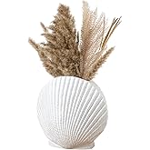 MyGift White Ceramic Flower Vases, 10 inch Pampas Grass Vase, Decorative Shell Shaped Vase for Living Room, Modern Aesthetic Home Decor