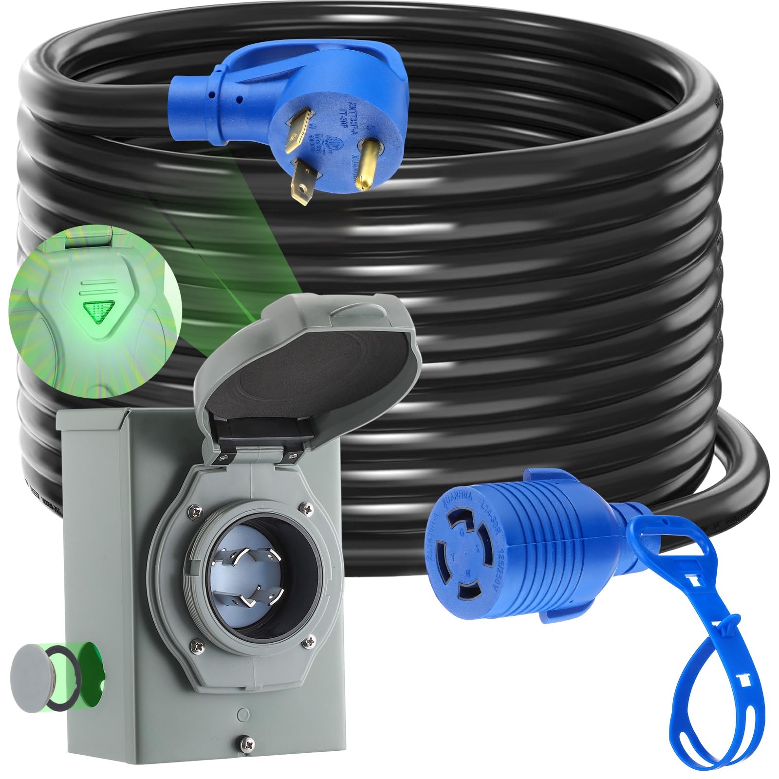 Photo 1 of Kanayu 25 FT 30 Amp Generator Cord and Pre-Drilled Power Inlet Box Compatible with NEMA TT-30P to L14-30R, 3 Prong to 4 Prong Generator Plug Adapter, RV to House Inlet Box, STW 10 AWG, ETL Listed