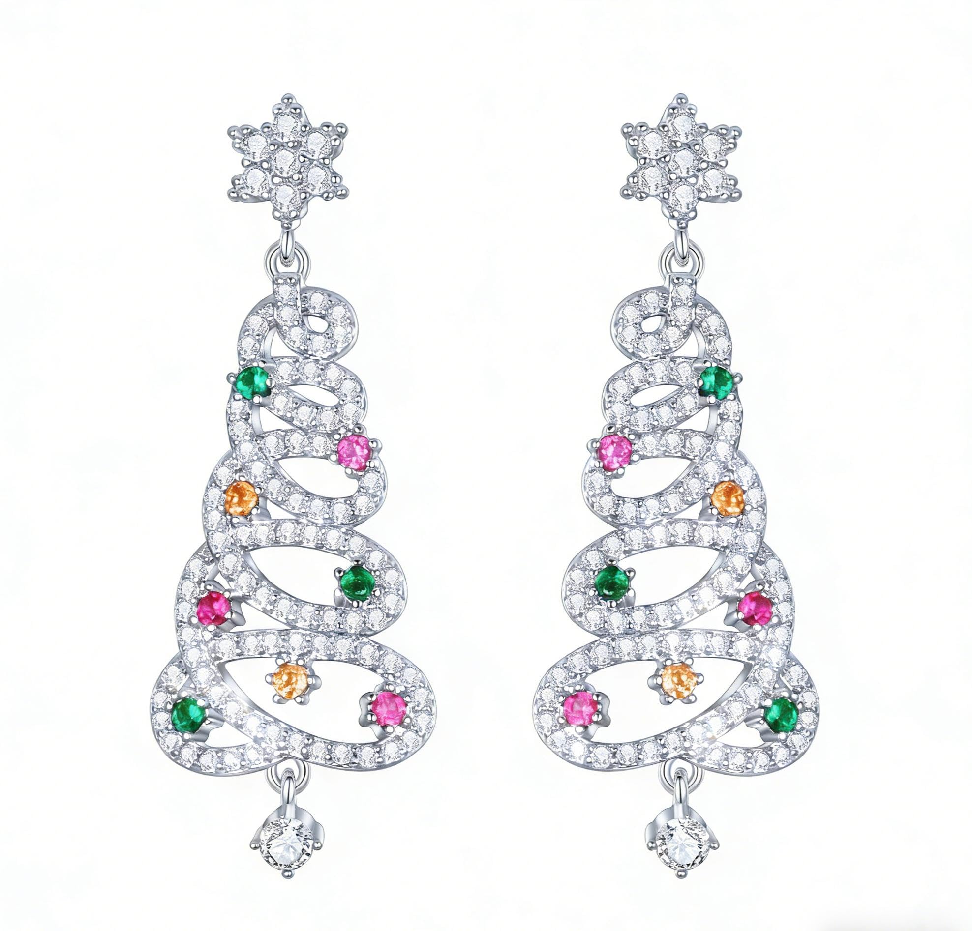 EVER FAITH Cubic Zirconia Merry Christmas Tree Pierced Dangle Earrings for Women Multicolor Silver-Tone