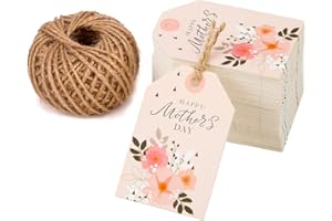WRAPAHOLIC Gift Tags with String - 100PCS Happy Mother's Day Floral Design Paper Tags with 100 Feet Natural Jute Twine for Mo