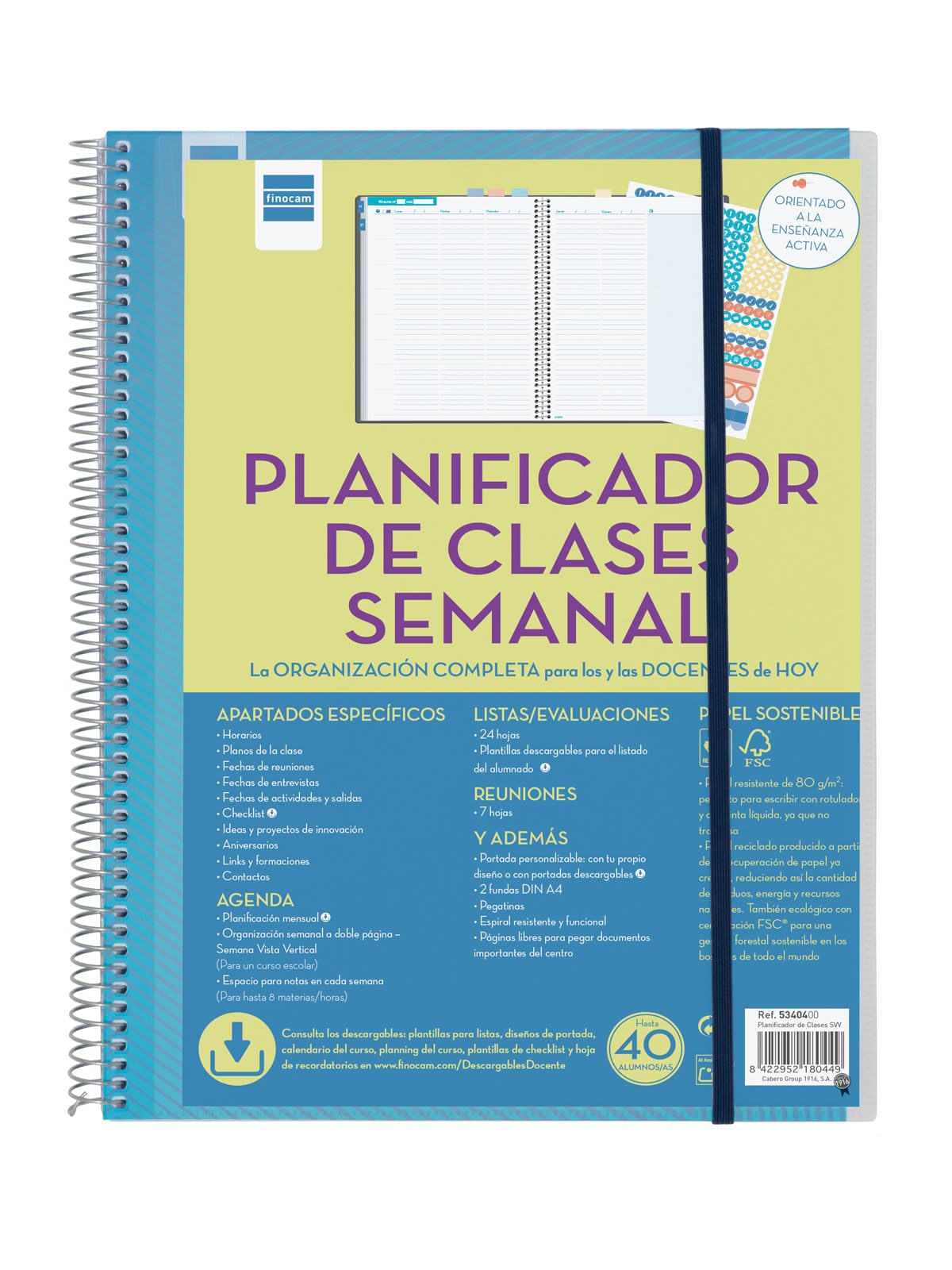Finocam - Weekly Class Planner | Organizes Up to 8 Hours | Undated Yearly | with Stickers and 2 Transparent Covers | Metal Spiral | Customizable Cover, 230x310mm Large | Spanish