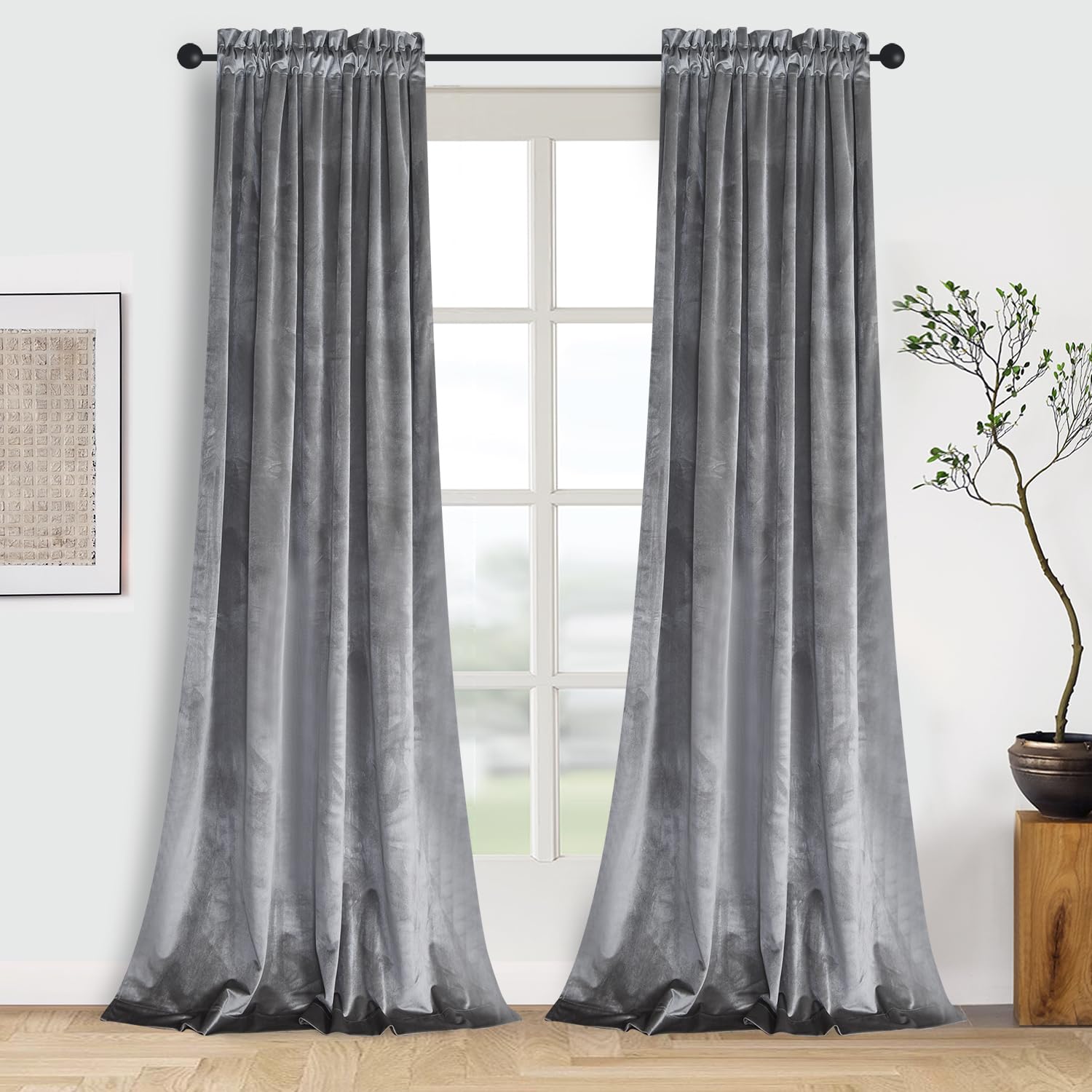 Roslynwood Home Living Room Sliver Velvet Curtains - Sound Reducing Heavy Matt Solid Rod Pocket Drapes/52Wx84L Sliver, 2 Panels