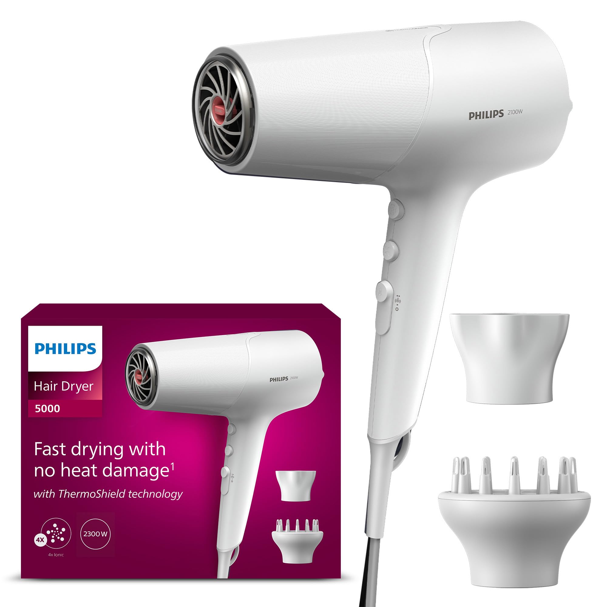 Philips 5000 Series - sèche-cheveux, technologie ThermoShield, ionique, 2 100 W, blanc, avec concentrateur et diffuseur de volume, modèle BHD500/20