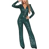 Womens 2024 Summer Sexy Deep V Neck Jumpsuits Long Sleeve One Piece Sequins Overalls Dressy Wide Leg Rompers