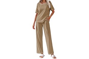Ekouaer Women Waffle Knit Lounge Sets Short Sleeve Top and Long Pant Pajama Set Loungewear 2 Piece Pjs Set with Pockets