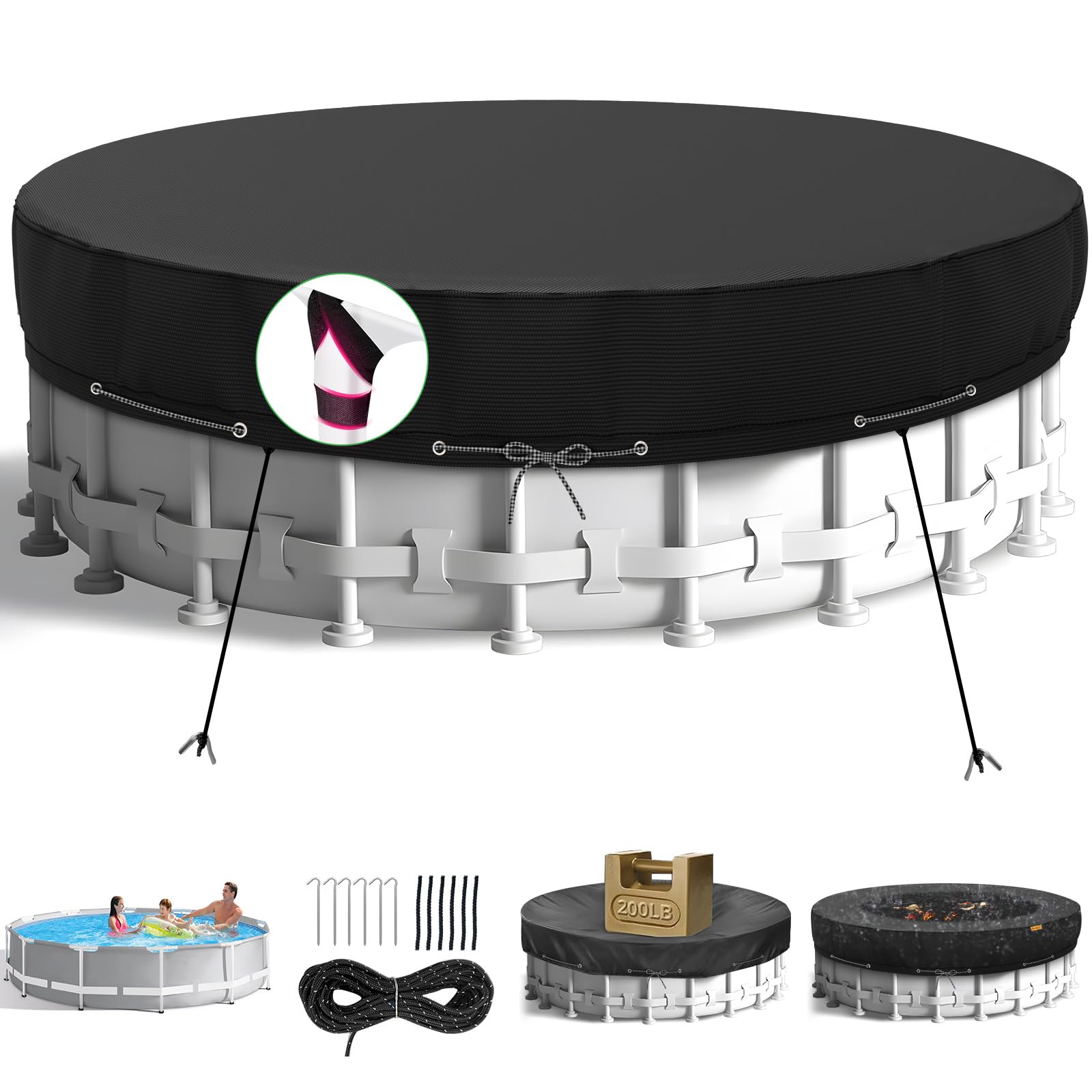 Photo 1 of HIGHTQURO 18Ft Round Pool Cover,Heavy Duty Waterproof Round Pool Covers for Above Ground Pools with Ground Nails and Windproof Ropes,Increase Stability&Tear-Resistant, Waterproof and Dustproof, Black