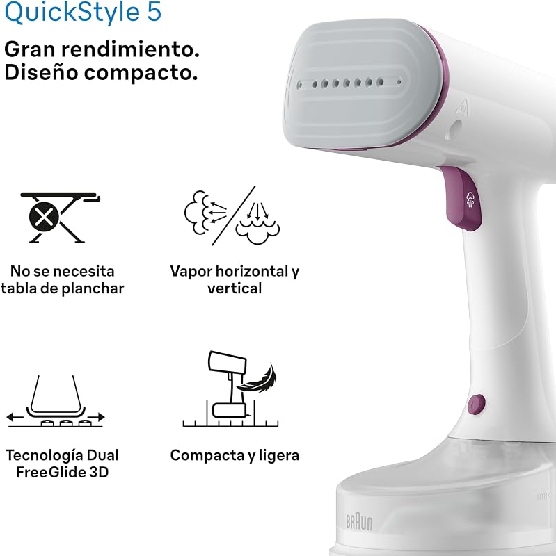 Braun quickstyle 5 gs5011pu, ferro vertical com placa dupla freeglide 3d, vaporizador vertical com aquecimento rápido, vapor 22 g/min, capacidade 150 ml, 1200w, branco/violeta
