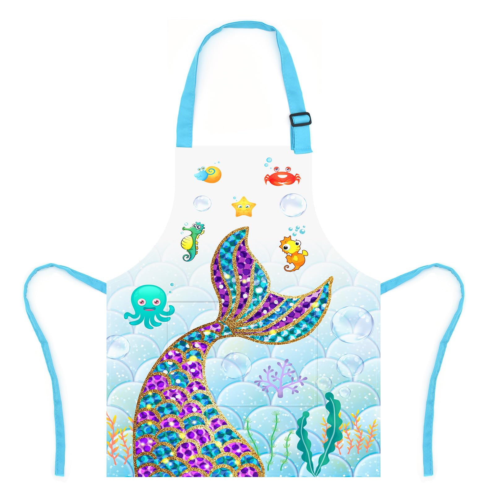 XonyiCos Kids Boys Dinosaur Apron with Pockets, Girls Aprons for Cooking, Painting, Kitchen Chef Apron for Children 3-12 Years (Mermaid, Small (3-5 Years))